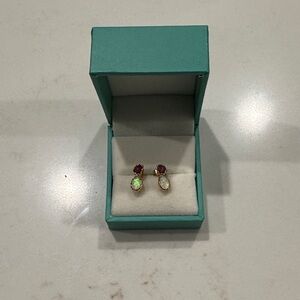 Raw Ruby and Lab Grown Opal 14k Gold Earrings - October / July Birthstone